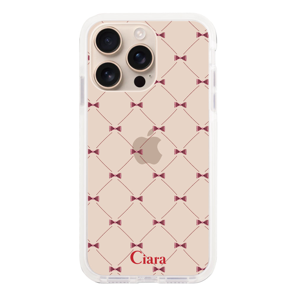 iPhone16Pro クッションバンパー 耐衝撃クリアケース キルティングリボン レッド