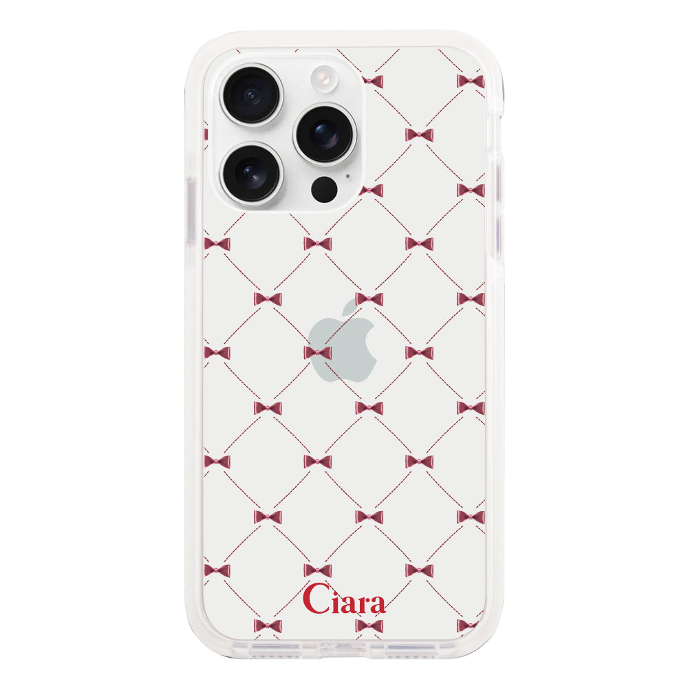 iPhone16ProMax クッションバンパー 耐衝撃クリアケース キルティングリボン レッド