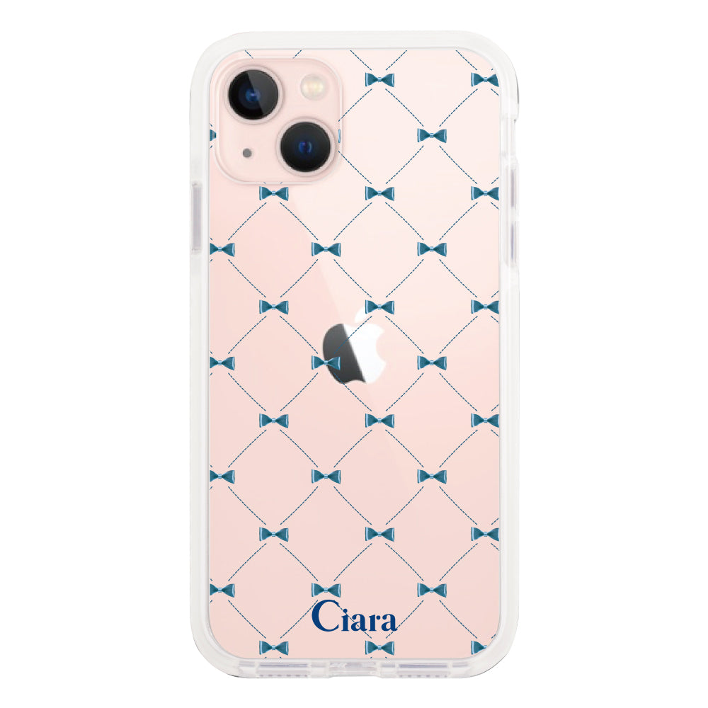 iPhone13 クッションバンパー 耐衝撃クリアケース キルティングリボン ブルー