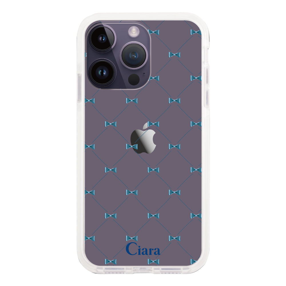 iPhone14ProMax クッションバンパー 耐衝撃クリアケース キルティングリボン ブルー