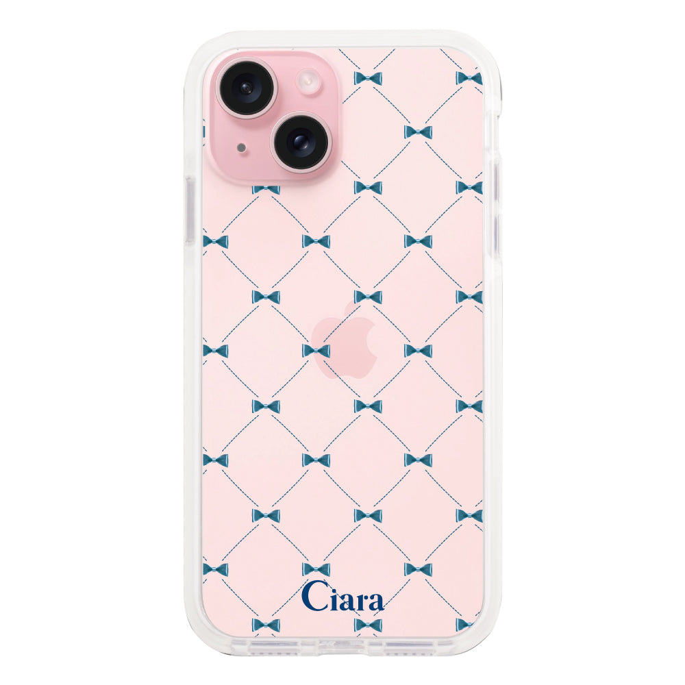 iPhone15 クッションバンパー 耐衝撃クリアケース キルティングリボン ブルー