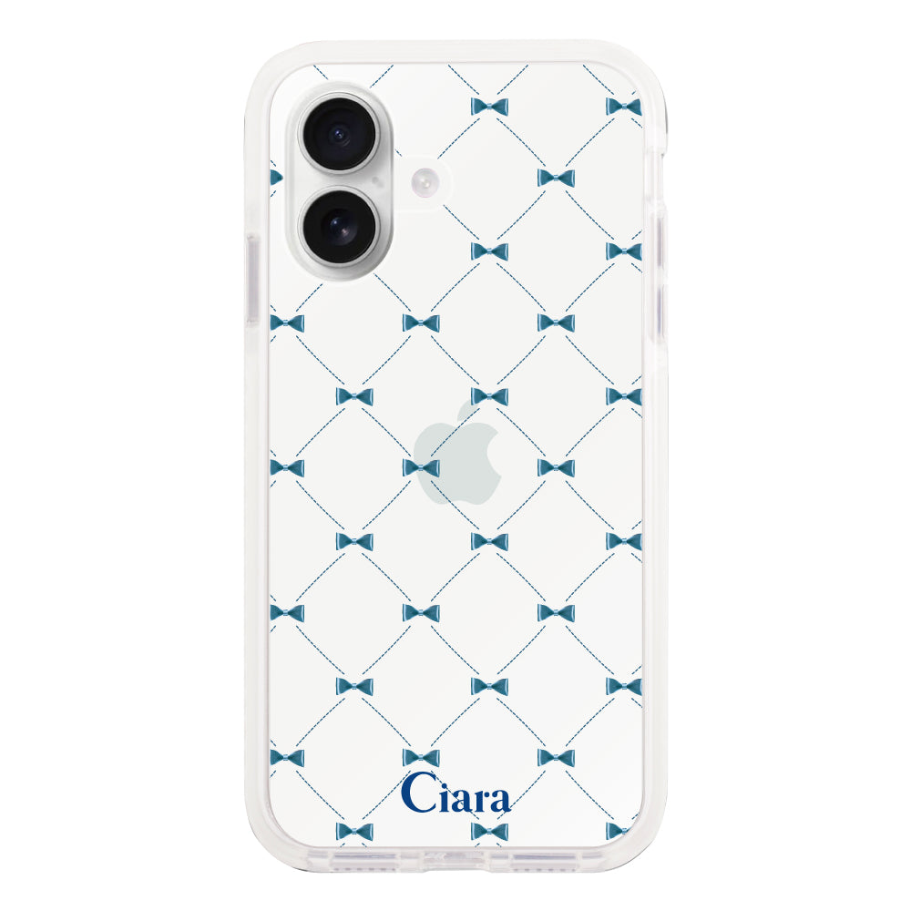 iPhone16 クッションバンパー 耐衝撃クリアケース キルティングリボン ブルー