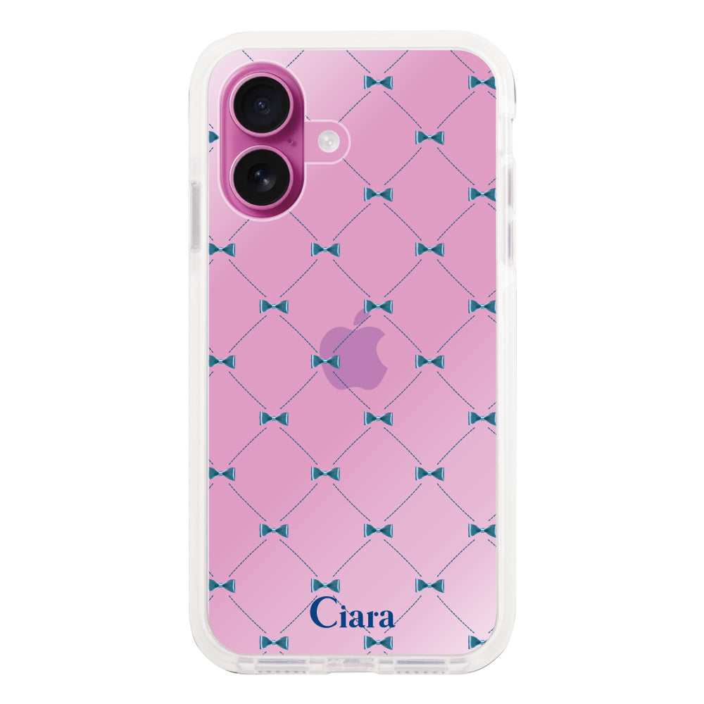 iPhone16Plus クッションバンパー 耐衝撃クリアケース キルティングリボン ブルー