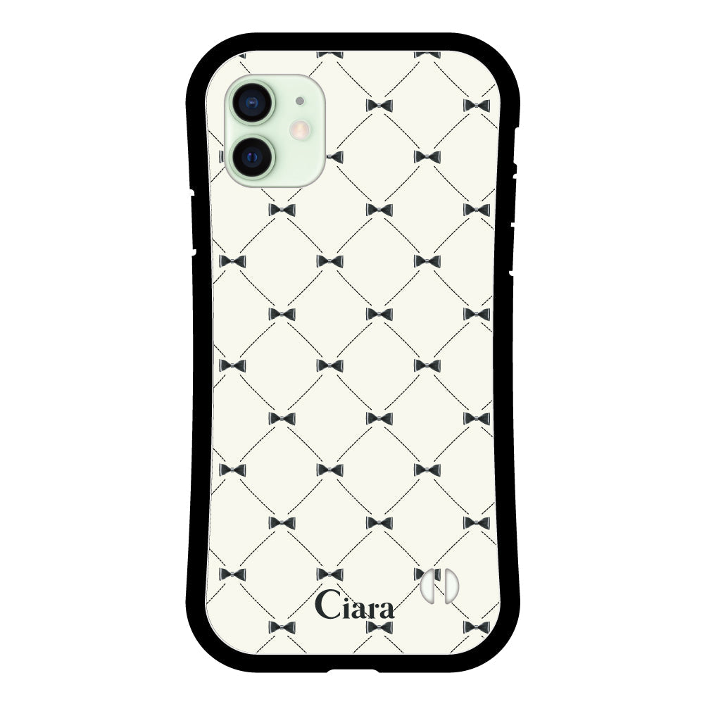 iPhone12mini グリップ 耐衝撃ケース キルティングリボン ブラック