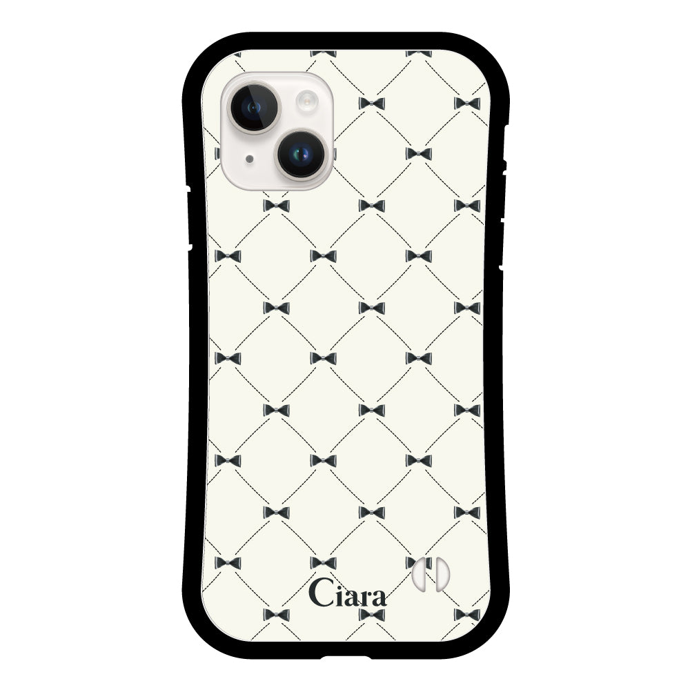iPhone14 グリップ 耐衝撃ケース キルティングリボン ブラック