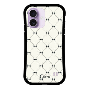 iPhone17 グリップ 耐衝撃ケース キルティングリボン ブラック