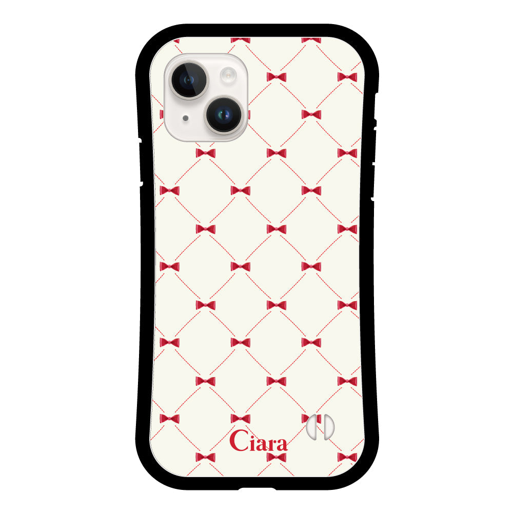 iPhone14 グリップ 耐衝撃ケース キルティングリボン ピンク