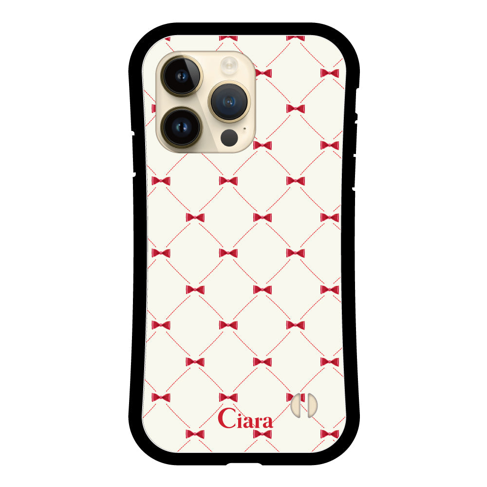 iPhone14Pro グリップ 耐衝撃ケース キルティングリボン ピンク