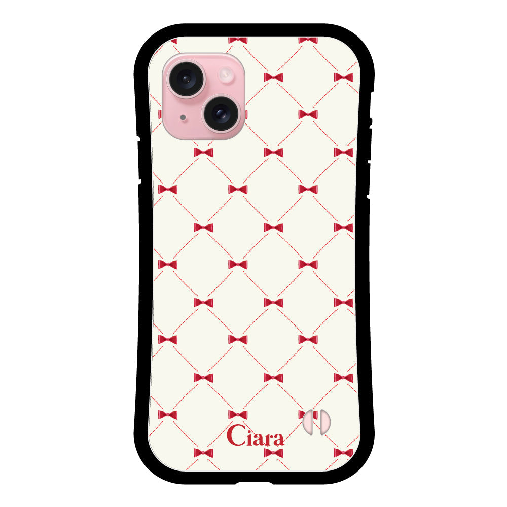 iPhone15 グリップ 耐衝撃ケース キルティングリボン ピンク