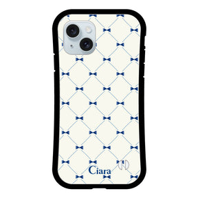 iPhone15Plus グリップ 耐衝撃ケース キルティングリボン ブルー