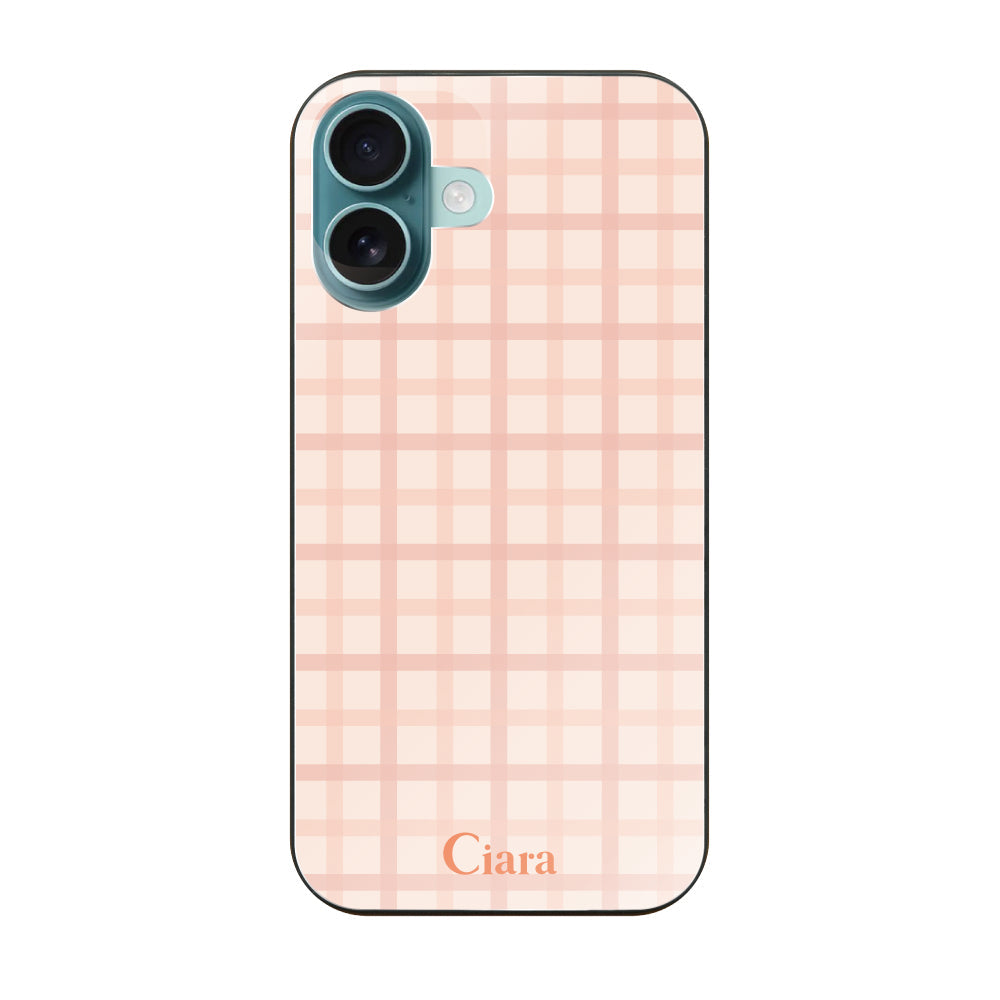 iPhone16Plus ガラス 強化ガラスケース ブロックチェック ピンク