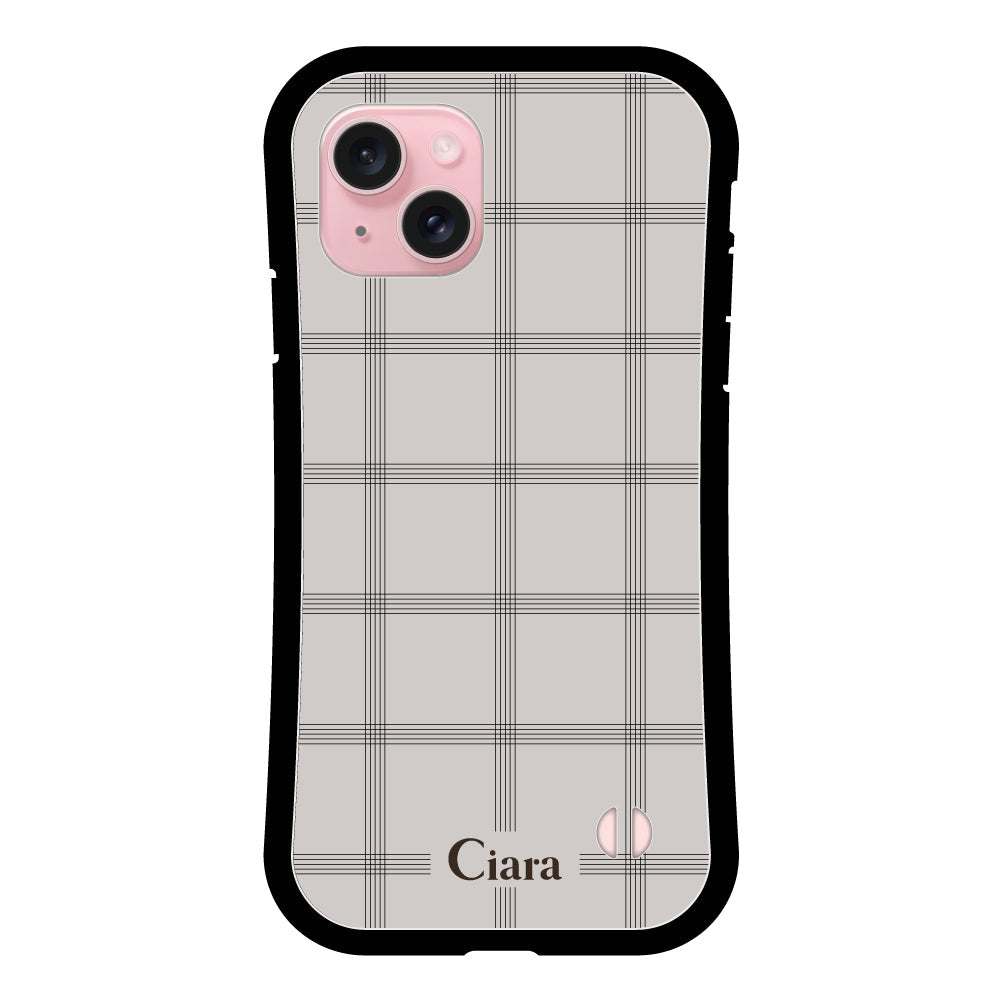 iPhone15 グリップ 耐衝撃ケース グラフチェック グレー