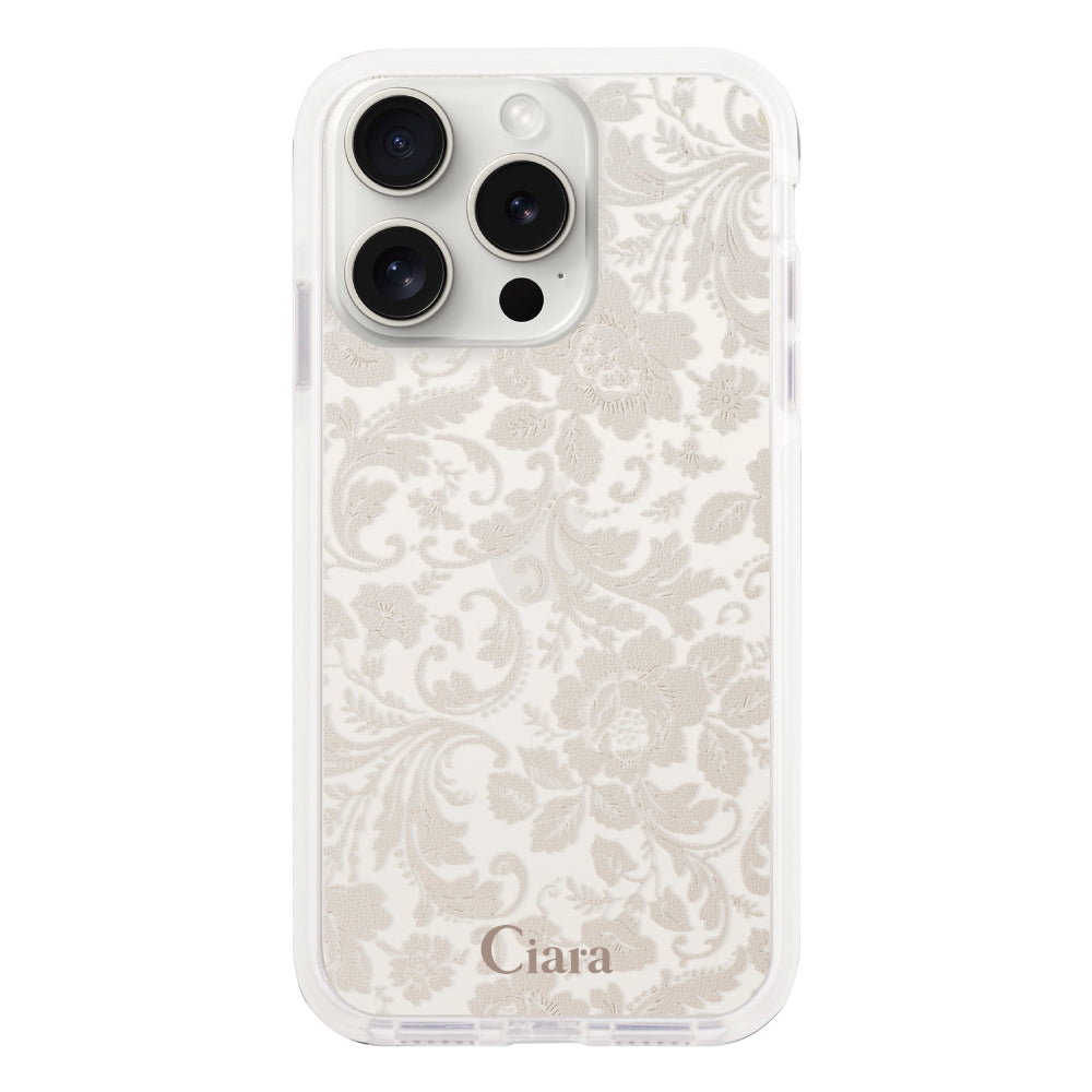 iPhone15ProMax クッションバンパー 耐衝撃クリアケース ヴィンテージフラワー ピンク