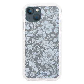 iPhone13mini クッションバンパー 耐衝撃クリアケース ヴィンテージフラワー ブルー