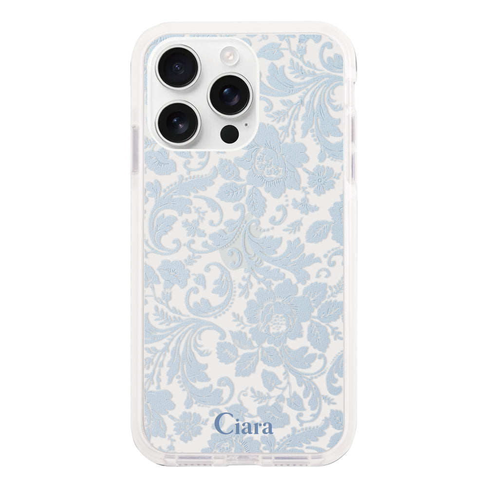 iPhone16ProMax クッションバンパー 耐衝撃クリアケース ヴィンテージフラワー ブルー