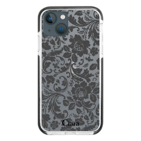 iPhone13mini クッションバンパー 耐衝撃クリアケース ヴィンテージフラワー ブラック