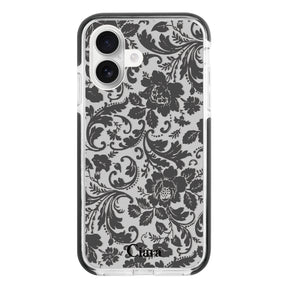 iPhone16 クッションバンパー 耐衝撃クリアケース ヴィンテージフラワー ブラック
