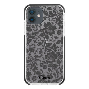 iPhoneXR クッションバンパー 耐衝撃クリアケース ヴィンテージフラワー ブラック