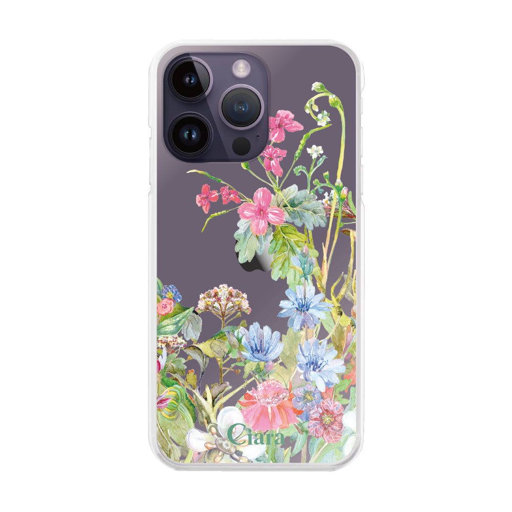 iPhone14ProMax ハイブリッド クリアケース ボタニカルフラワー ピンク
