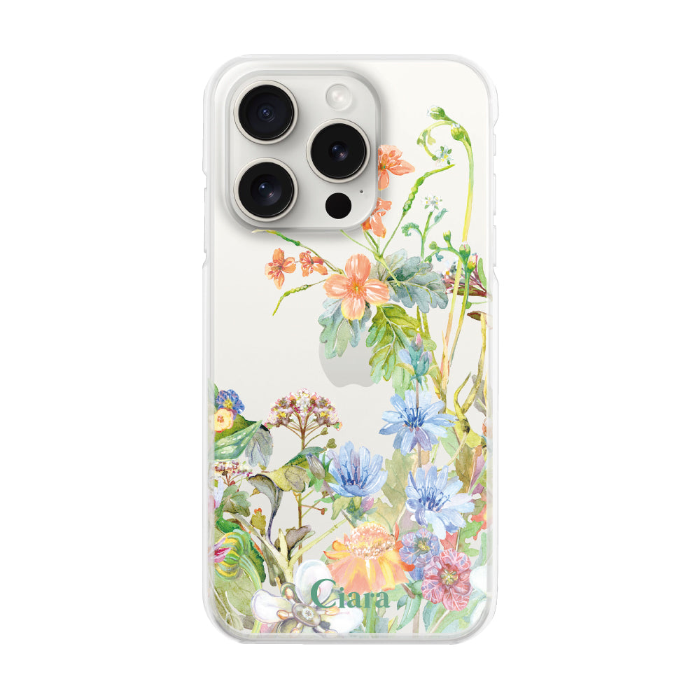 iPhone15ProMax ハイブリッド クリアケース ボタニカルフラワー オレンジ