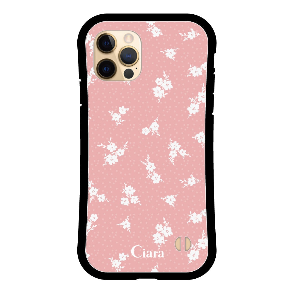 iPhone11Pro グリップ 耐衝撃ケース ドットフラワー ピンク