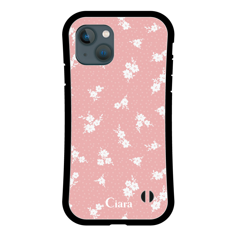 iPhone13mini グリップ 耐衝撃ケース ドットフラワー ピンク