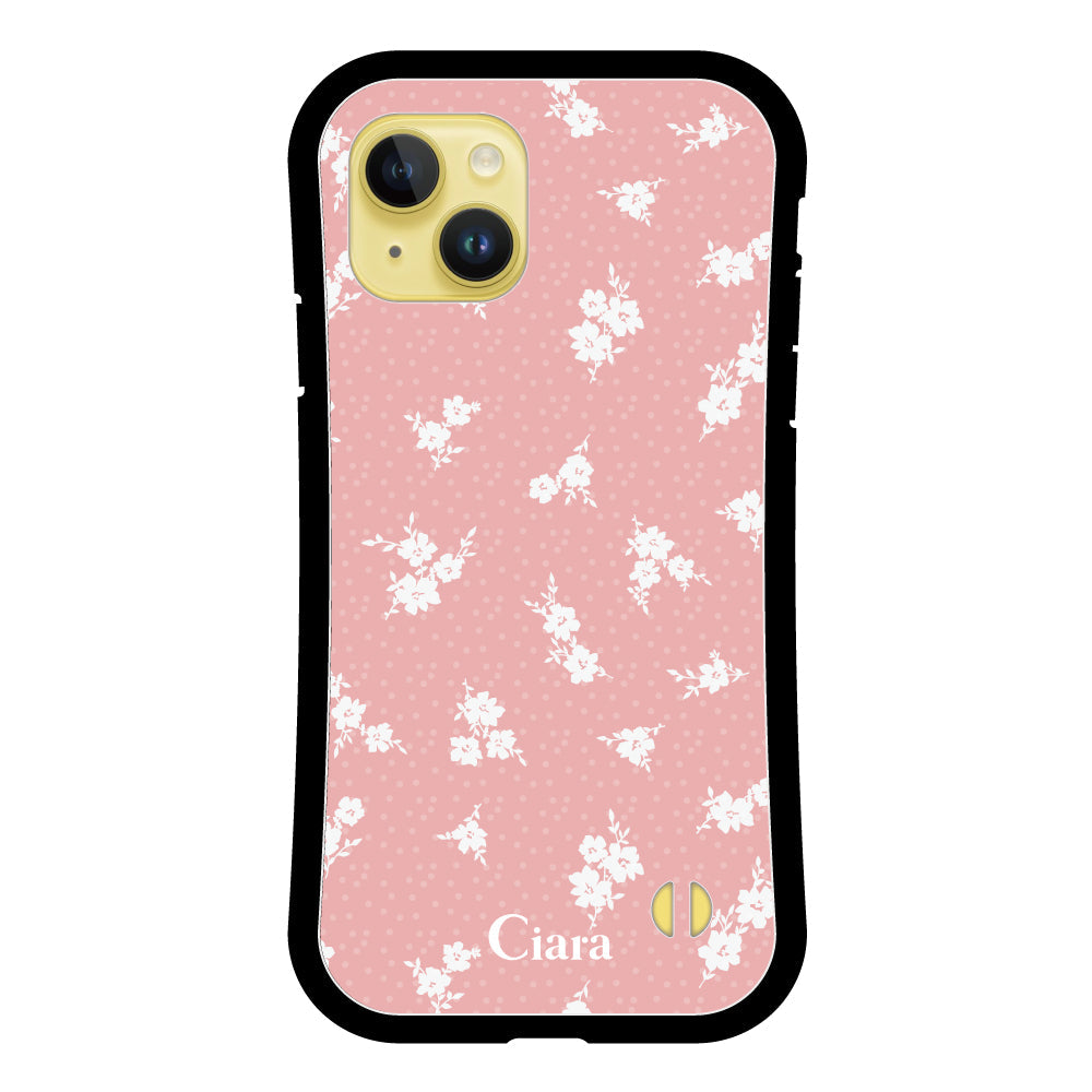 iPhone14Plus グリップ 耐衝撃ケース ドットフラワー ピンク