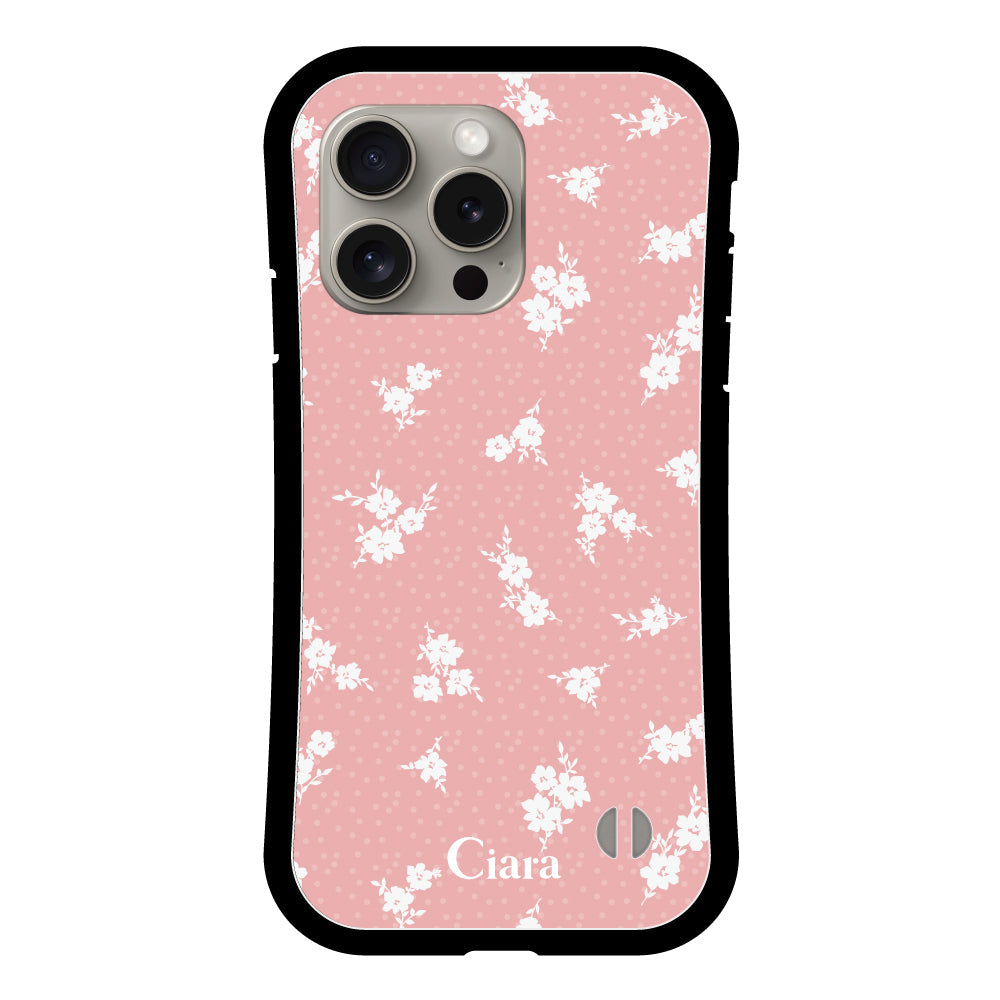 iPhone15Pro グリップ 耐衝撃ケース ドットフラワー ピンク