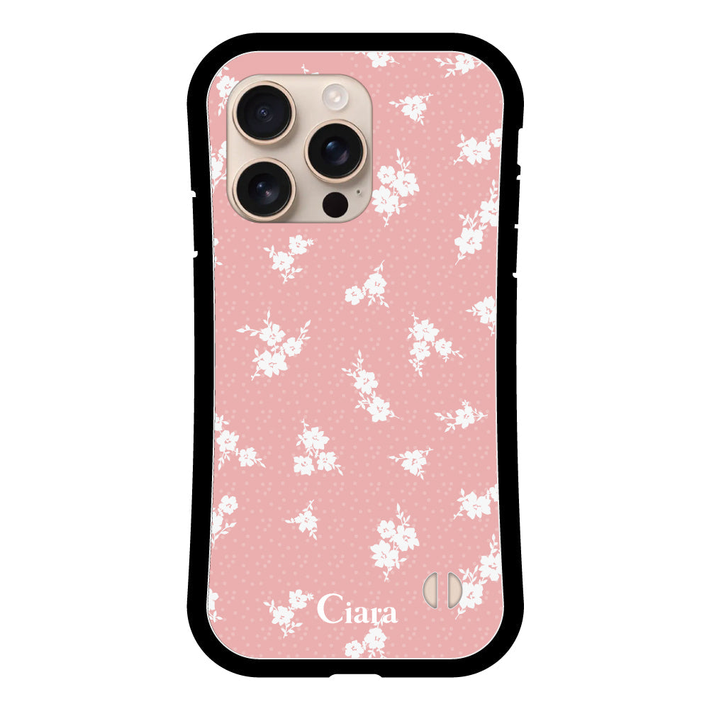 iPhone16Pro グリップ 耐衝撃ケース ドットフラワー ピンク