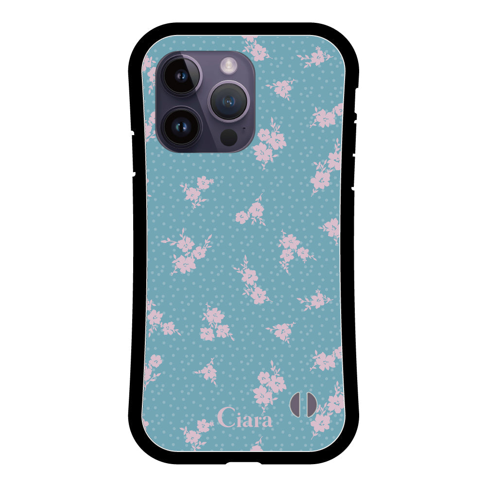 iPhone14ProMax グリップ 耐衝撃ケース ドットフラワー ブルー