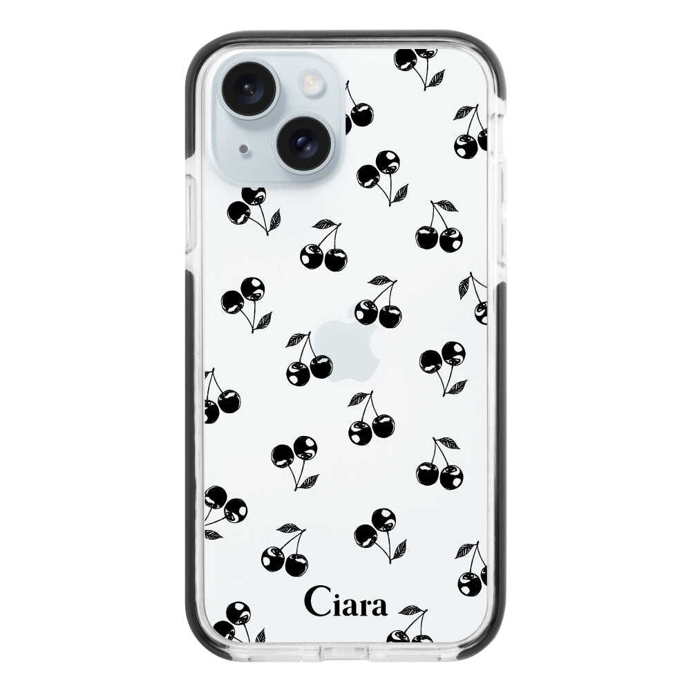 iPhone15Plus クッションバンパー 耐衝撃クリアケース ロマンティックチェリー ブラック