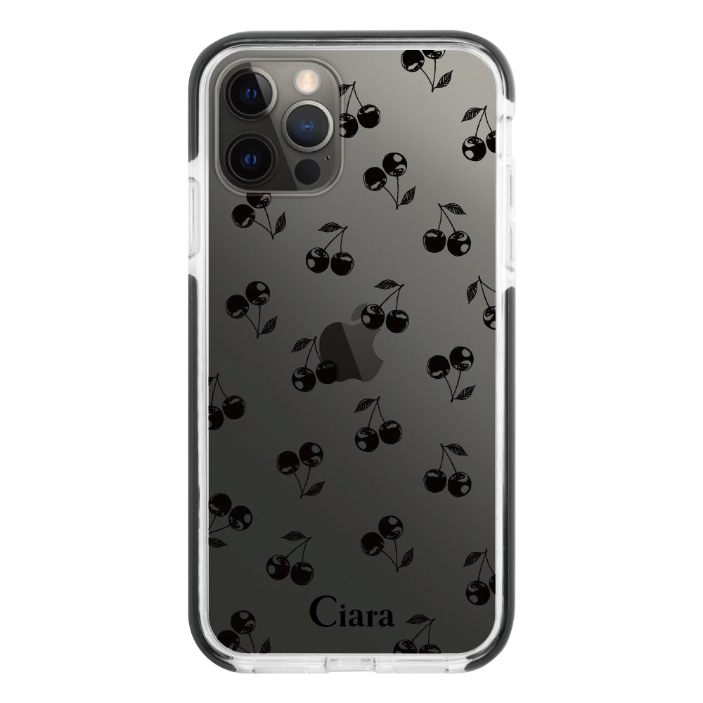 iPhoneX/XS クッションバンパー 耐衝撃クリアケース ロマンティックチェリー ブラック