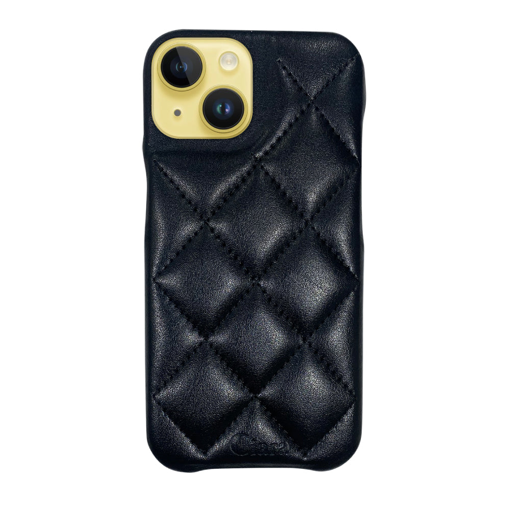 iPhone14Plus キルティングPU レザーケース ロゴ ブラック