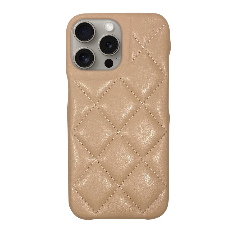 iPhone15Pro キルティングPU レザーケース ロゴ ベージュ
