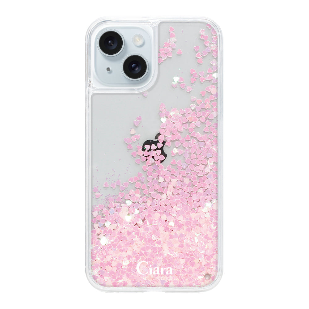 iPhone15Plus グリッター オイルクリアケース ロゴ ピンク