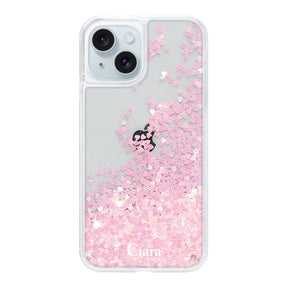 iPhone15Plus グリッター オイルクリアケース ロゴ ピンク