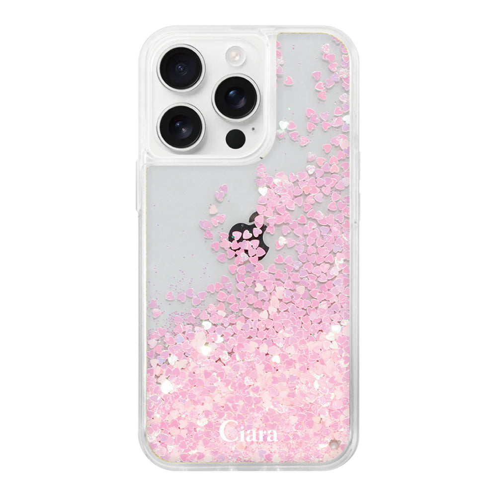 iPhone16ProMax グリッター オイルクリアケース ロゴ ピンク