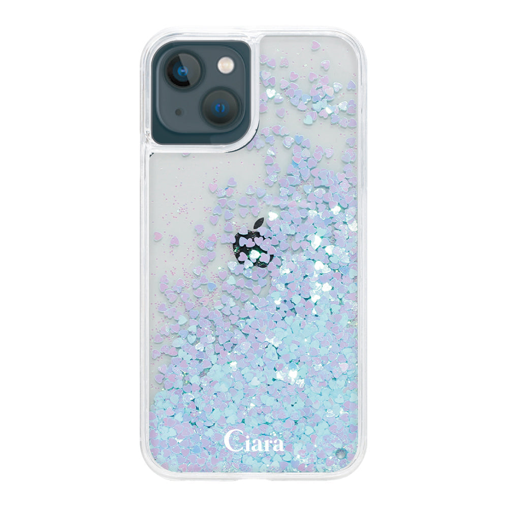 iPhone13mini グリッター オイルクリアケース ロゴ ブルー
