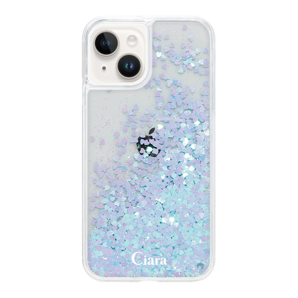 iPhone14 グリッター オイルクリアケース ロゴ ブルー