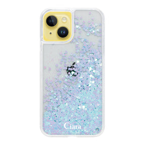 iPhone14Plus グリッター オイルクリアケース ロゴ ブルー