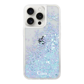 iPhone15ProMax グリッター オイルクリアケース ロゴ ブルー