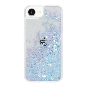 iPhone16e グリッター オイルクリアケース ロゴ ブルー
