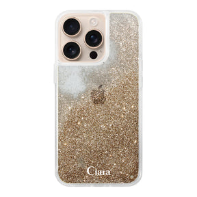 iPhone16Pro グリッター オイルクリアケース ロゴ ゴールド