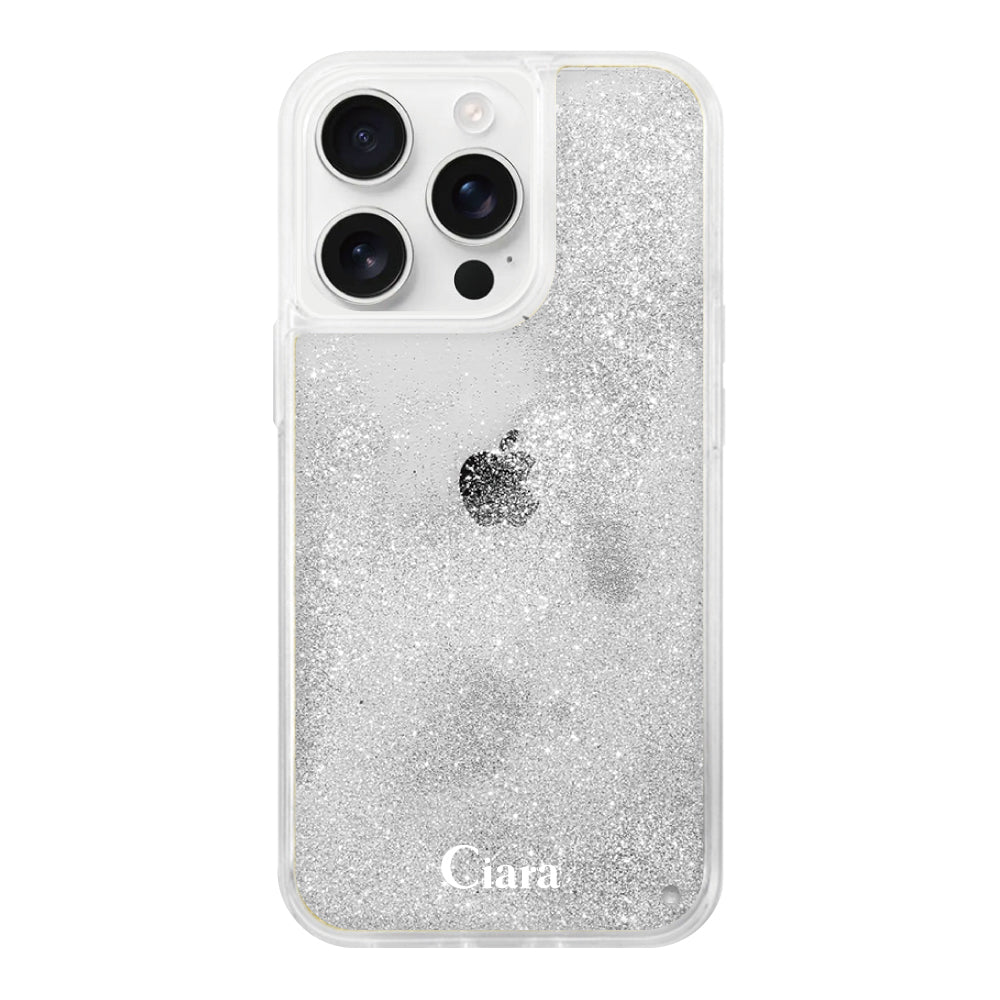 iPhone16e グリッター オイルクリアケース ロゴ シルバー
