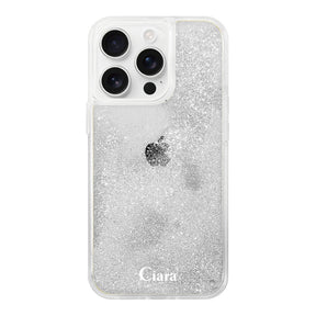 iPhone16e グリッター オイルクリアケース ロゴ シルバー