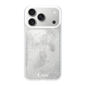 iPhone17Pro グリッター オイルクリアケース ロゴ シルバー