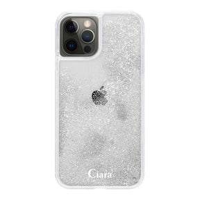 iPhoneX/XS グリッター オイルクリアケース ロゴ シルバー