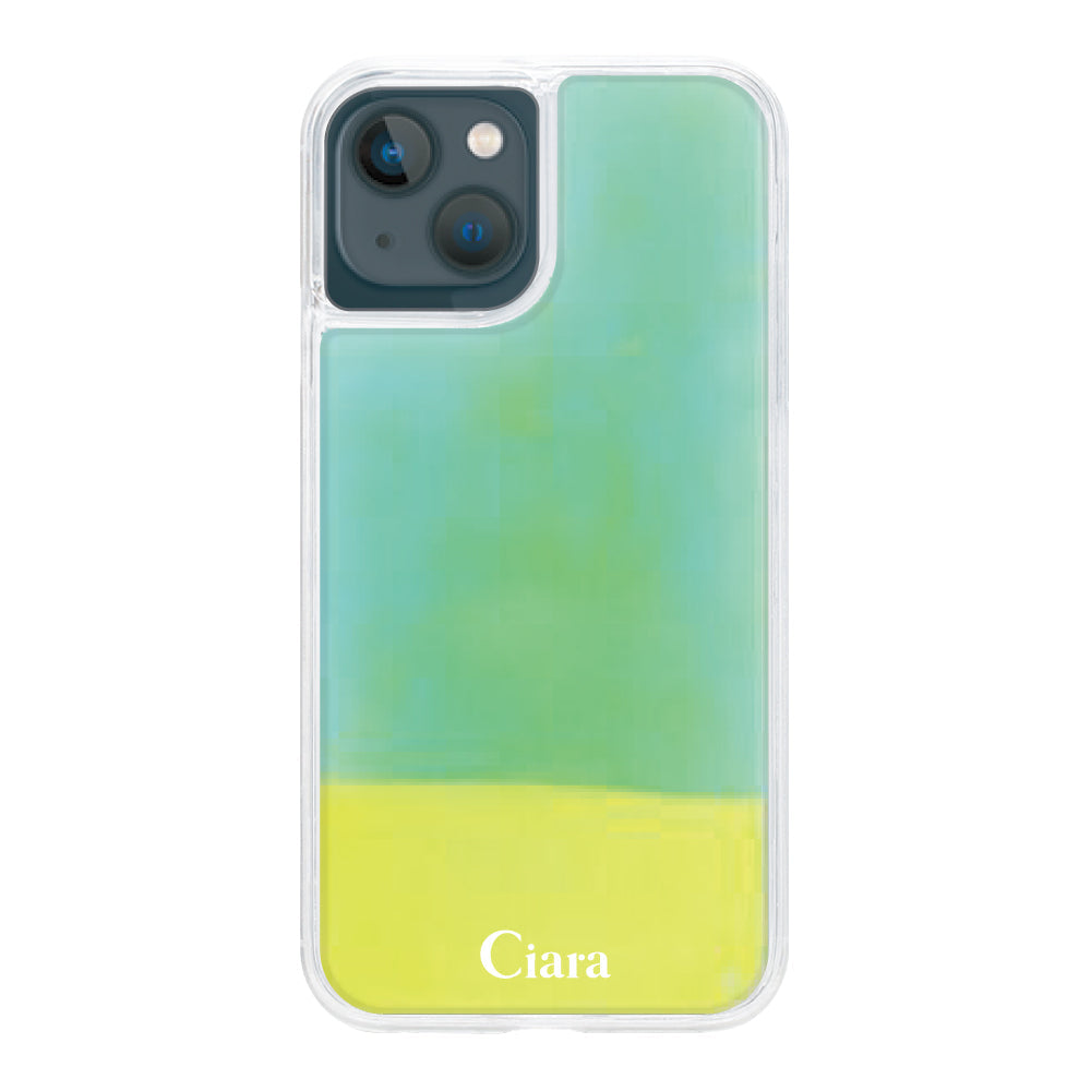 iPhone13miniケース ネオンサンド オイルケース ロゴ イエロー/グリーン