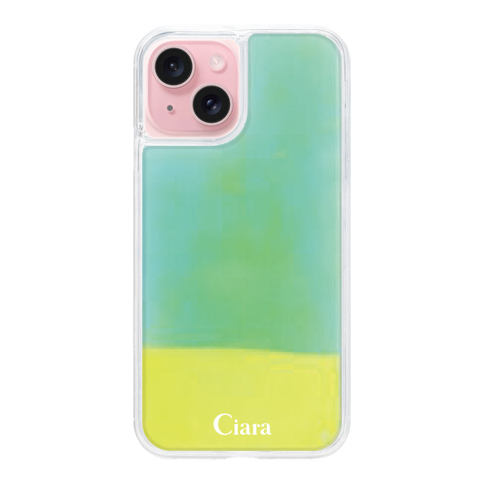 iPhone15ケース ネオンサンド オイルケース ロゴ イエロー/グリーン