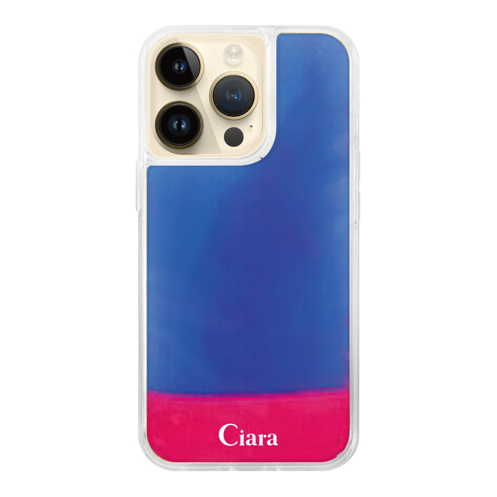 iPhone14Proケース ネオンサンド オイルケース ロゴ ピンク/ブルー